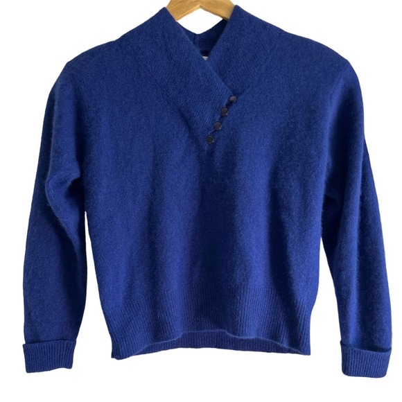 Yarnworks Vintage Medium/P Blue Cross Over Front Angora Lambs Wool Blend Sweater - Picture 1 of 5